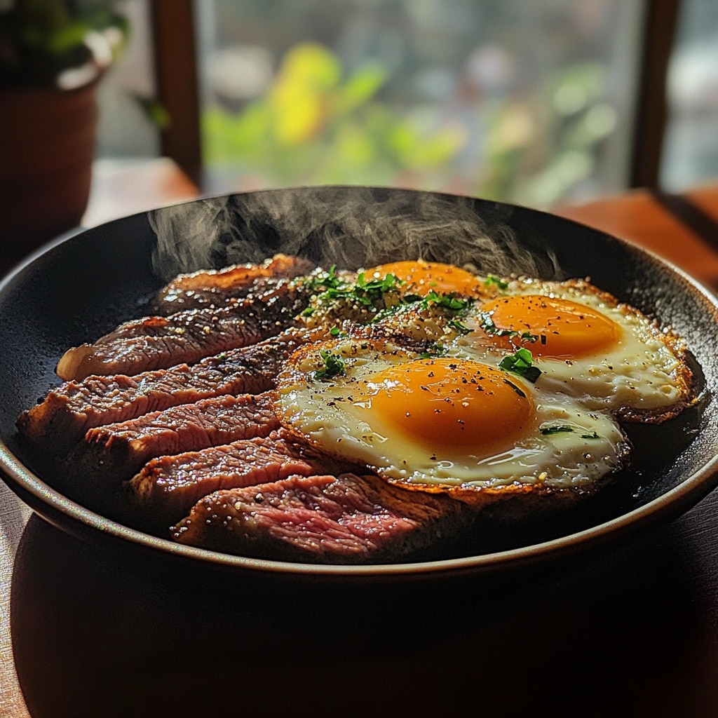 Sizzling steak and sunny eggs