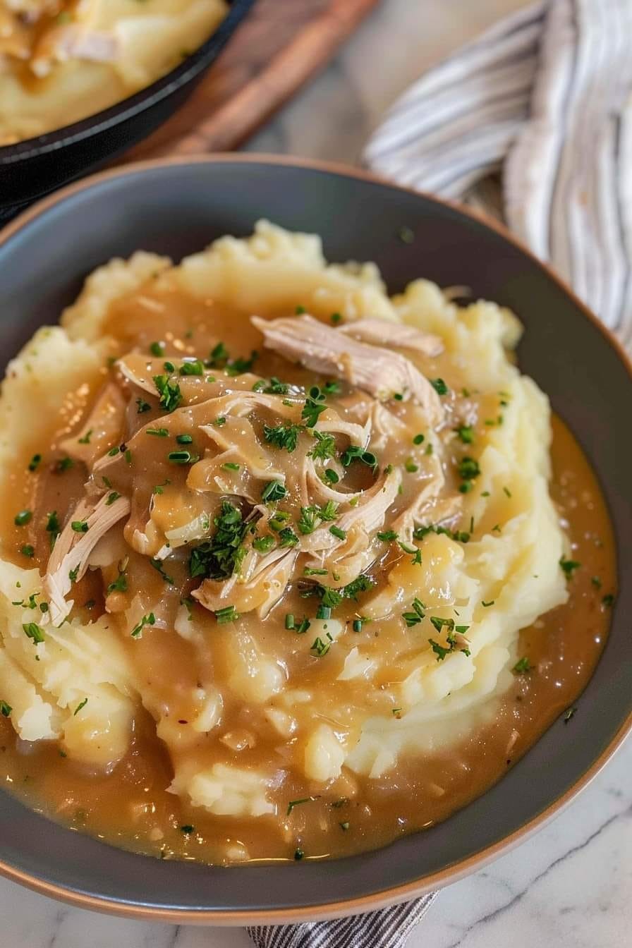 Shredded Chicken Gravy on Mashed Potatoes