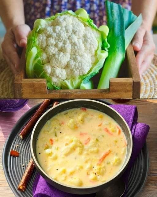 Soup made with cauliflower, leeks, and cheddar cheese.