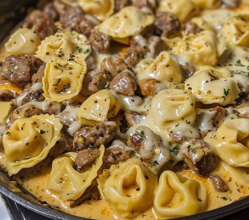 Cheesesteak Tortellini with Provolone Sauce made at home.