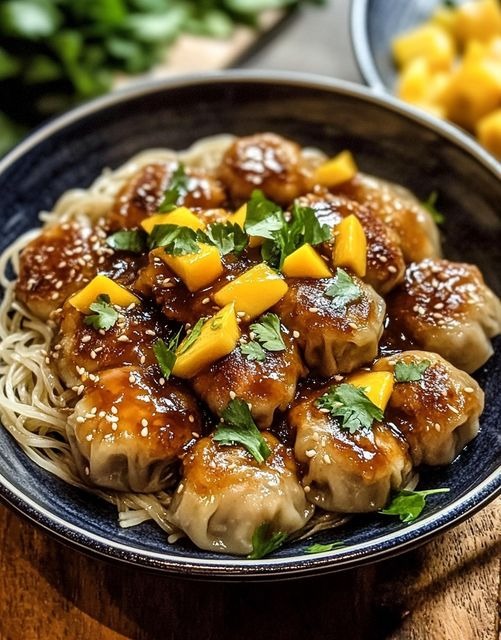 Chicken Meatballs with Rice Noodles and Mango Chili